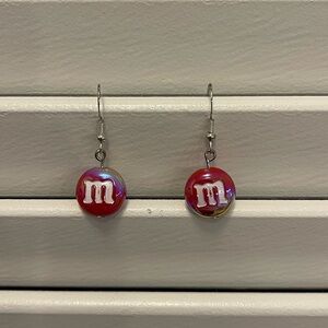 NWT hand crafted red M&M earrings.
